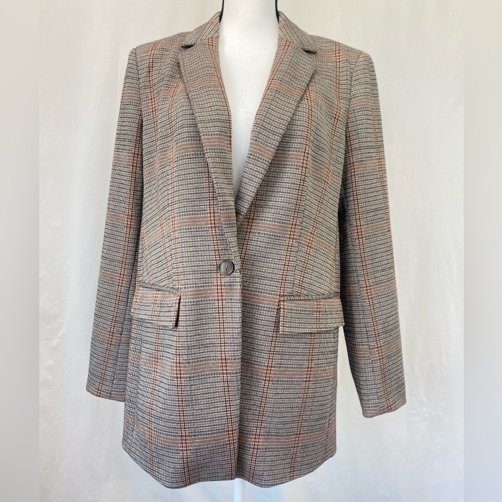 Loft Tan Gray Glen Plaid Houndstooth Boyfriend Blazer Coat 10 Lite Academia Ivy